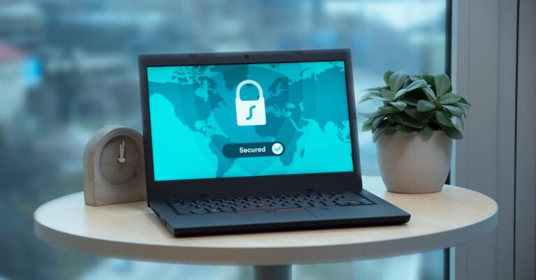 Laptop showing a secured padlock representing antivirus protection